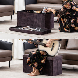 Velvet Pouffe Folding Storage Ottoman Footstool Box Toy Chest with Lid, Foldable Foot Stool Seat 82cm x 40cm x 40cm