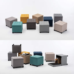 45cm Cube Linen Padded Seat Ottoman Storage Stool Box, Footstool Pouffes Chair with Lids