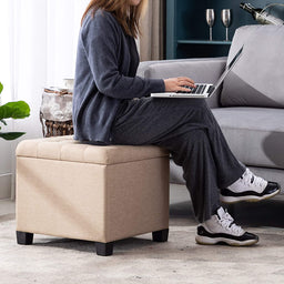 45cm Cube Linen Padded Seat Ottoman Storage Stool Box, Footstool Pouffes Chair with Lids