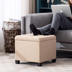 45cm Cube Linen Padded Seat Ottoman Storage Stool Box, Footstool Pouffes Chair with Lids