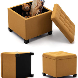 45cm Cube Linen Padded Seat Ottoman Storage Stool Box, Footstool Pouffes Chair with Lids