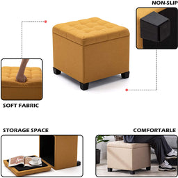 45cm Cube Linen Padded Seat Ottoman Storage Stool Box, Footstool Pouffes Chair with Lids