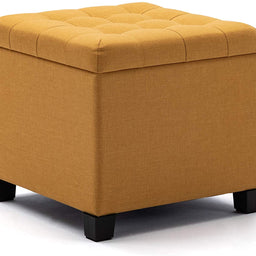 45cm Cube Linen Padded Seat Ottoman Storage Stool Box, Footstool Pouffes Chair with Lids