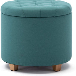 45cm Round Linen Padded Seat Ottoman Storage Stool Box, Footstool Pouffes Chair with Lids