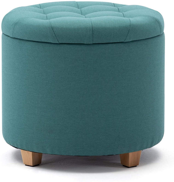 45cm Round Linen Padded Seat Ottoman Storage Stool Box, Footstool Pouffes Chair with Lids