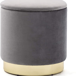 37cm Round Velvet Ottoman Storage Box With Lid, Pouffe Seat Chair, Living Room Footstool, Bedroom Dresing Stool With Gold Plating Base