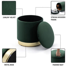 37cm Round Velvet Ottoman Storage Box With Lid, Pouffe Seat Chair, Living Room Footstool, Bedroom Dresing Stool With Gold Plating Base