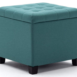 45cm Cube Linen Padded Seat Ottoman Storage Stool Box, Footstool Pouffes Chair with Lids