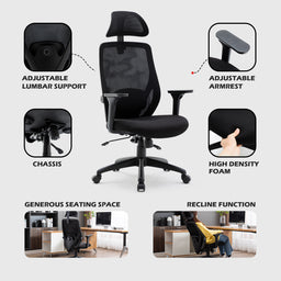 Recline Ergonomic Office Chair with Back Support and Headrest, Tilt Function Position Lock, Home Office Computer Desk Chair with Lumbar Support, Breathable Mesh Executive Office Chair