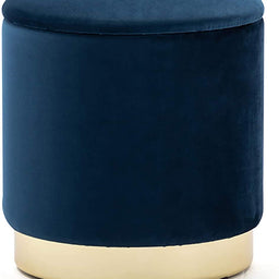 37cm Round Velvet Ottoman Storage Box With Lid, Pouffe Seat Chair, Living Room Footstool, Bedroom Dresing Stool With Gold Plating Base