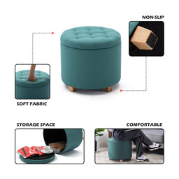 45cm Round Linen Padded Seat Ottoman Storage Stool Box, Footstool Pouffes Chair with Lids