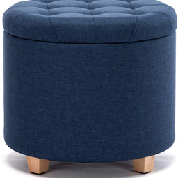 45cm Round Linen Padded Seat Ottoman Storage Stool Box, Footstool Pouffes Chair with Lids