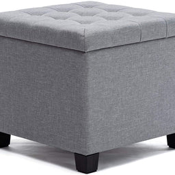 45cm Cube Linen Padded Seat Ottoman Storage Stool Box, Footstool Pouffes Chair with Lids