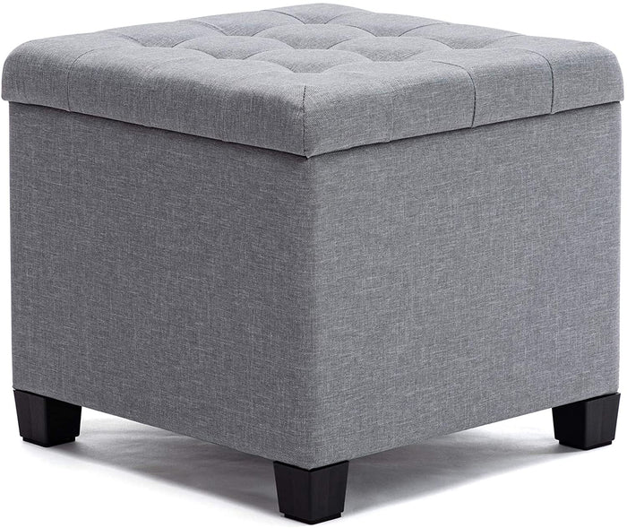 45cm Cube Linen Padded Seat Ottoman Storage Stool Box, Footstool Pouffes Chair with Lids