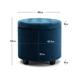 45cm Round New Velvet Padded Seat Ottoman Storage Stool Box, Footstool Pouffes Chair with Lids