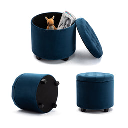 45cm Round New Velvet Padded Seat Ottoman Storage Stool Box, Footstool Pouffes Chair with Lids