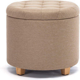 45cm Round Linen Padded Seat Ottoman Storage Stool Box, Footstool Pouffes Chair with Lids