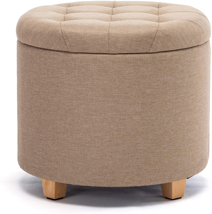 45cm Round Linen Padded Seat Ottoman Storage Stool Box, Footstool Pouffes Chair with Lids