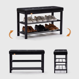 Sirius Shoe Bench 3-tier Shoe Rack Storage Shelf Organiser with Padded 6 Buttons Cushion Seat Steel Frame for Entryway Hallway Living Room Industrial Accent Furniture 81×32×H50cm