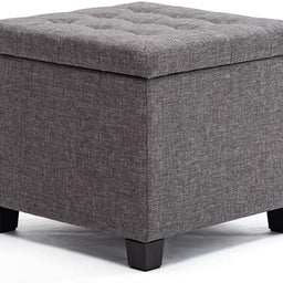 45cm Cube Linen Padded Seat Ottoman Storage Stool Box, Footstool Pouffes Chair with Lids