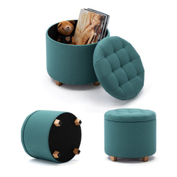 45cm Round Linen Padded Seat Ottoman Storage Stool Box, Footstool Pouffes Chair with Lids