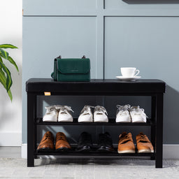 Sirius Shoe Bench 3-tier Shoe Rack Storage Shelf Organiser with Padded 6 Buttons Cushion Seat Steel Frame for Entryway Hallway Living Room Industrial Accent Furniture 81×32×H50cm