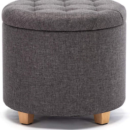 45cm Round Linen Padded Seat Ottoman Storage Stool Box, Footstool Pouffes Chair with Lids