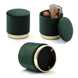 37cm Round Velvet Ottoman Storage Box With Lid, Pouffe Seat Chair, Living Room Footstool, Bedroom Dresing Stool With Gold Plating Base