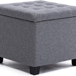 45cm Cube Linen Padded Seat Ottoman Storage Stool Box, Footstool Pouffes Chair with Lids