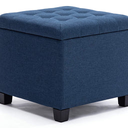 45cm Cube Linen Padded Seat Ottoman Storage Stool Box, Footstool Pouffes Chair with Lids