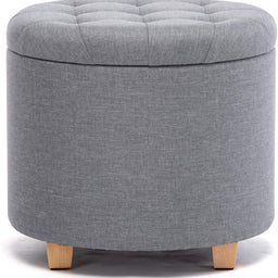 45cm Round Linen Padded Seat Ottoman Storage Stool Box, Footstool Pouffes Chair with Lids