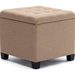 45cm Cube Linen Padded Seat Ottoman Storage Stool Box, Footstool Pouffes Chair with Lids