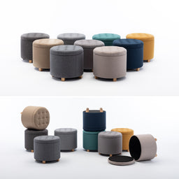 45cm Round Linen Padded Seat Ottoman Storage Stool Box, Footstool Pouffes Chair with Lids