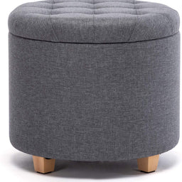 45cm Round Linen Padded Seat Ottoman Storage Stool Box, Footstool Pouffes Chair with Lids